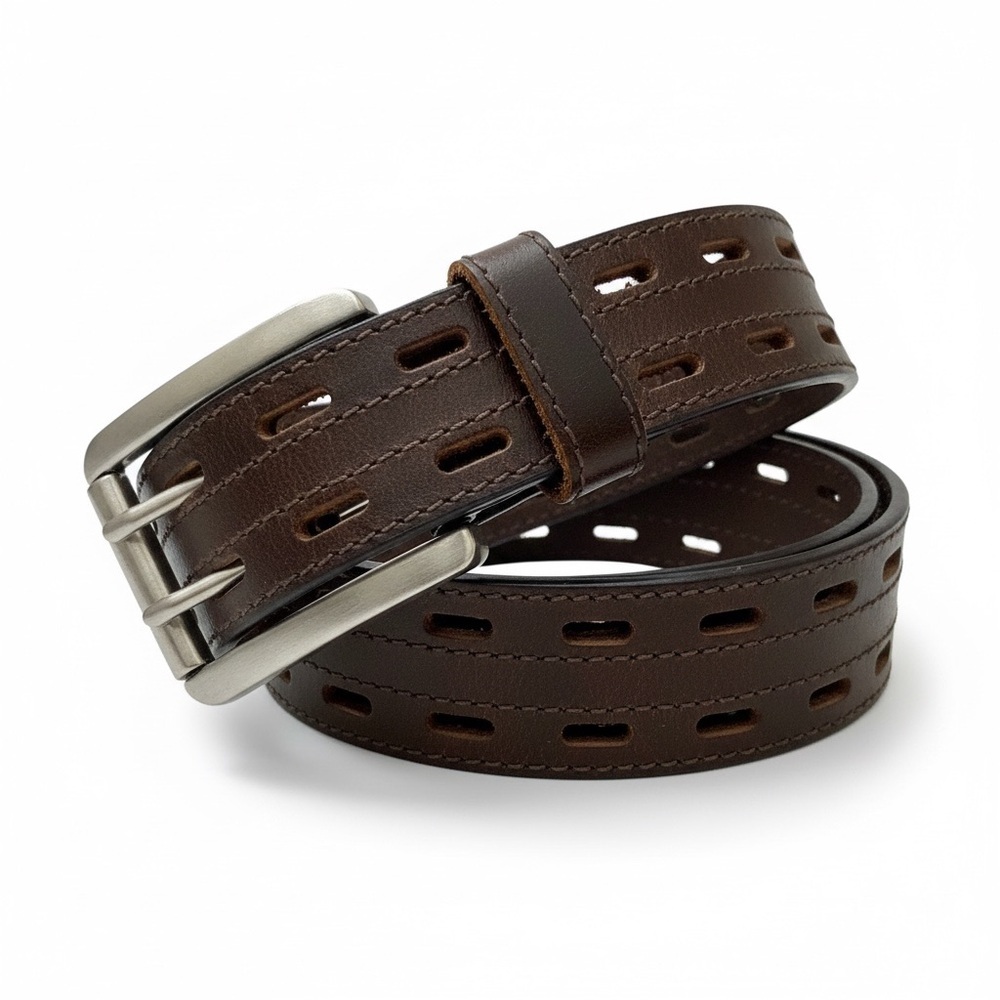 VTG 70s Brown Leather Belt Double Prong Silver Roller Buckle Adjustable Hippie
